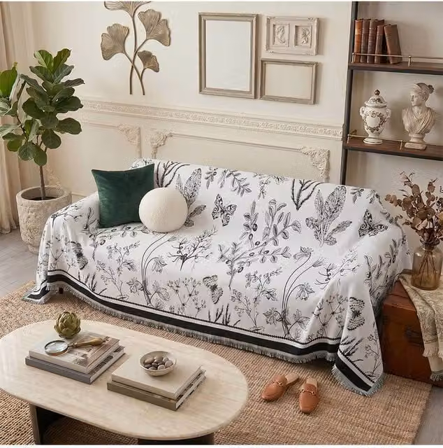 Living and Home Black and White Floral Sketch Fringe Sofa Cover, Large