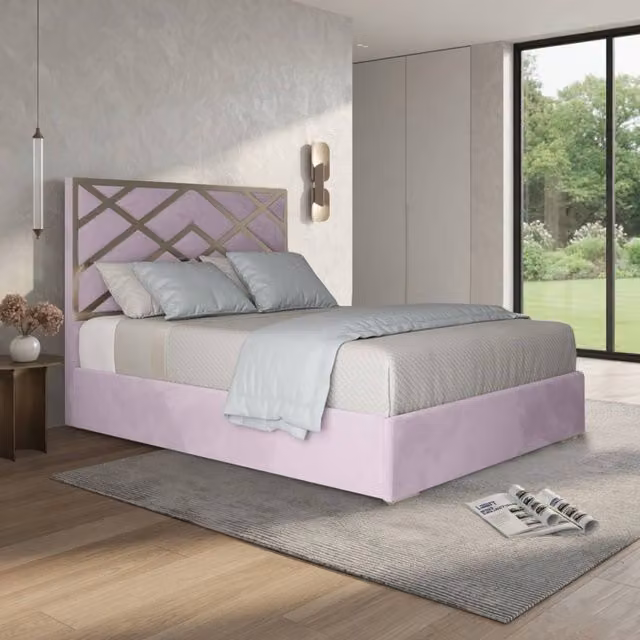 KDMD Wolferton Pink Velvet Upholstered Metal Designer Bed Frame, W: 140 cm, L: 200 cm – 1
