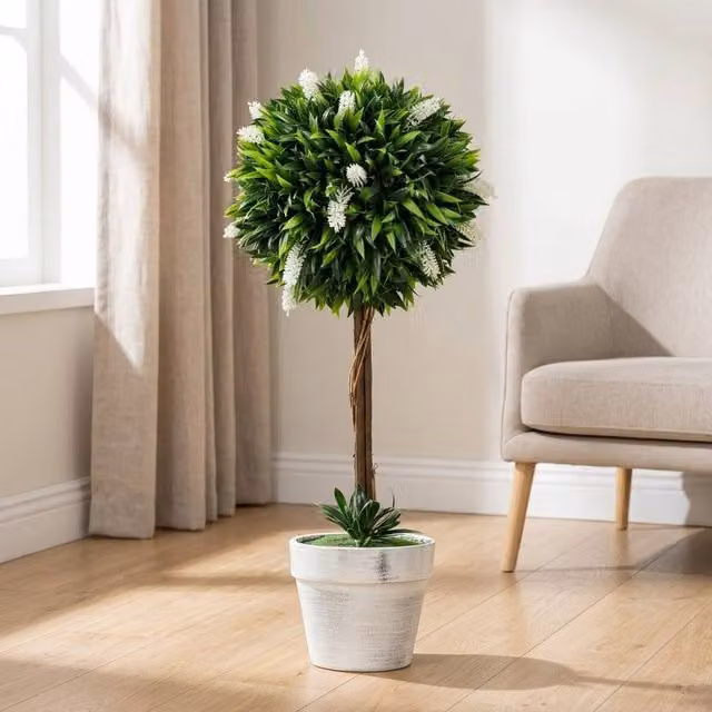 STILVORA Set of 2 Artificial Green Ball Trees with White Pots, Height: 60 cm – 1