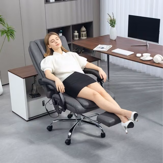 HOMCOM PU Leather Reclining Executive Massage Office Chair with Headrest and Armrests in Light Grey