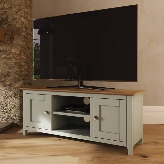 FWStyle Modern Oak Effect 2 Door 1 Shelf TV Unit in Sage Green