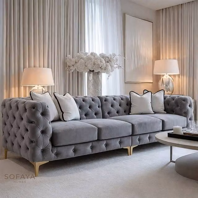 Sofaya Monaco Chesterfield 4 Seater L-Shape Sofa in Grey Velvet with Scatter Cushions