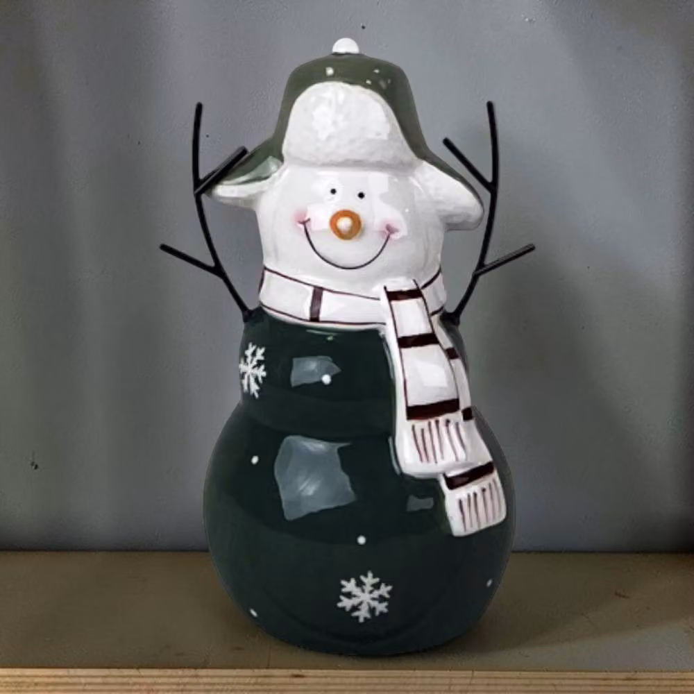 Four Candle Rustic Ceramic and Metal Snowman Christmas Tabletop Decoration in Green and White – 2