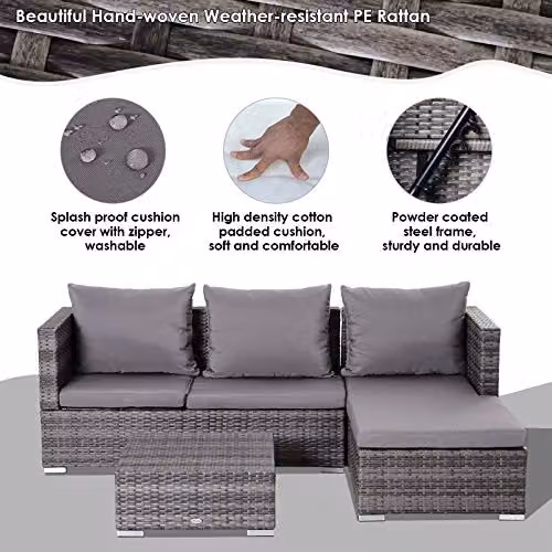 Outsunny 4-Seater L-Shape Rattan Garden Furniture Set with Coffee Table and Upholstered Cushions in Grey – 3
