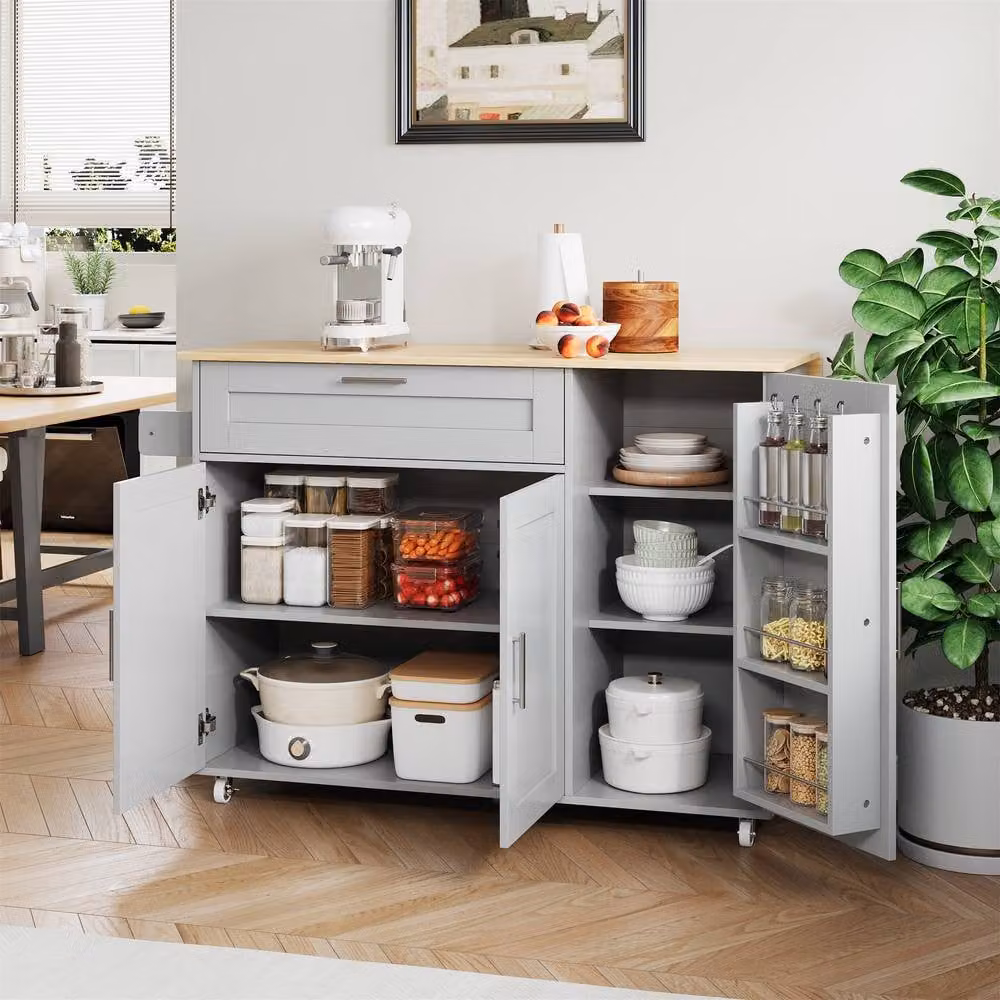 BTM Kitchen Island on Wheels with Spice Rack and Towel Holder in Grey, H: 90.0 cm x W: 44.0 cm x D: 132.5 cm – 2