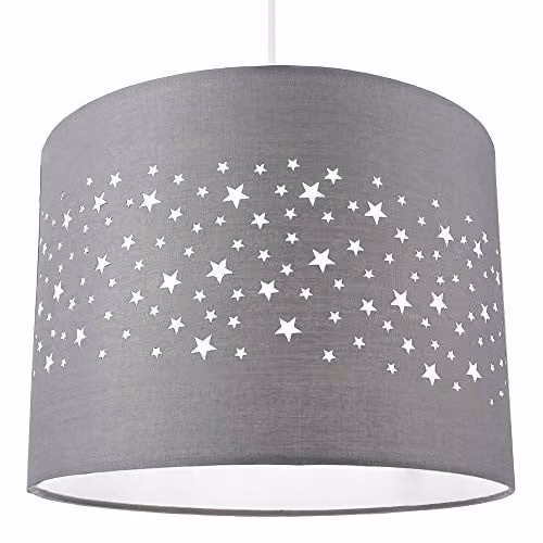 Happy Homewares Stars Decorated Grey Cotton Childrens Bedroom Pendant Lamp Shade, Diameter: 25 cm – 1