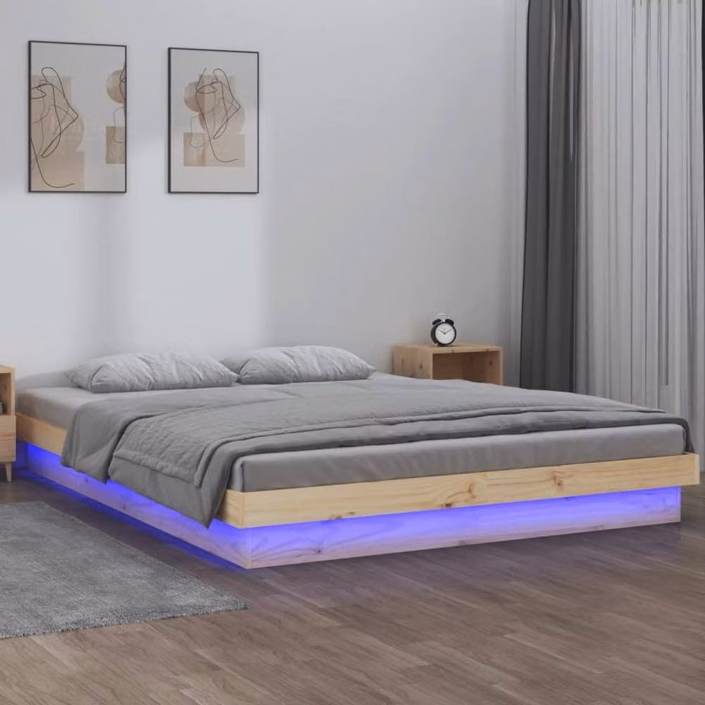 Berkfield Home Small Double LED Bed Frame in Natural Solid Pine with Under-bed Lighting and USB Charging Port, W/D/H: 120 x 200 cm – 2