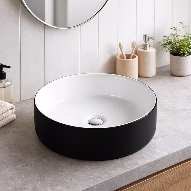 Bathroom Kingdom Orca Round Ceramic Countertop Basin in Black and White, Diameter: 40 cm