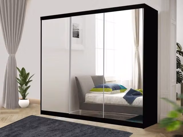 RAC3 Modern Black Sliding Mirror Wardrobe with Integrated Drawers, Width: 250 cm