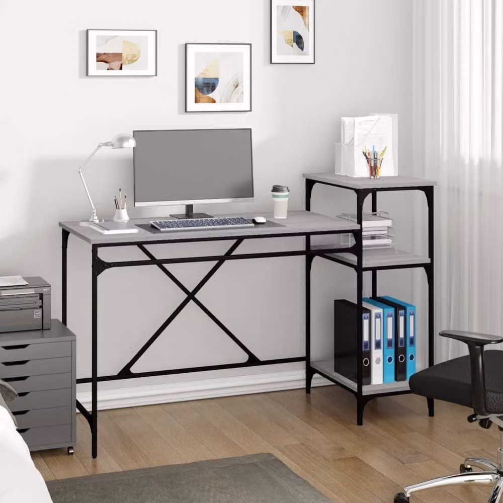 Berkfield Home Computer Desk with Shelves in Grey Sonoma, W/D/H: 135 x 50 x 90 cm – 2