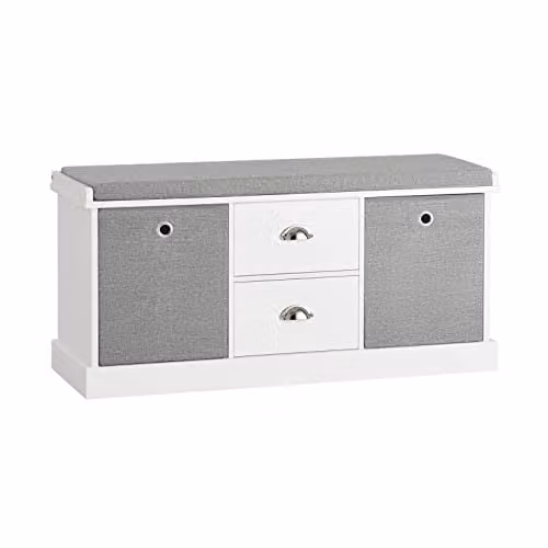 SoBuy FSR66-HG Shoe Storage Bench with 2 Drawers and 2 Baskets in Grey and White – 1