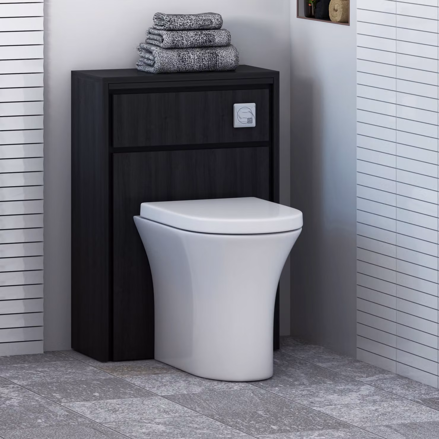 Livora Black Woodgrain BTW WC Unit with Breeze Rimless Ceramic Toilet Pan, Seat and Cistern, Width: 55.5 cm