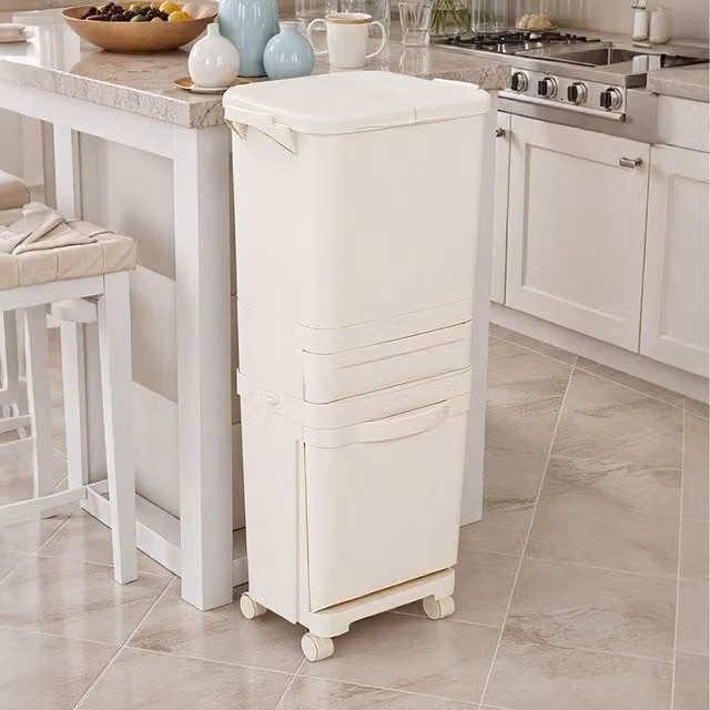 Lifeideas Kitchen Waste Sorting Bin with Flip Lid and Wheels, White, 42 l