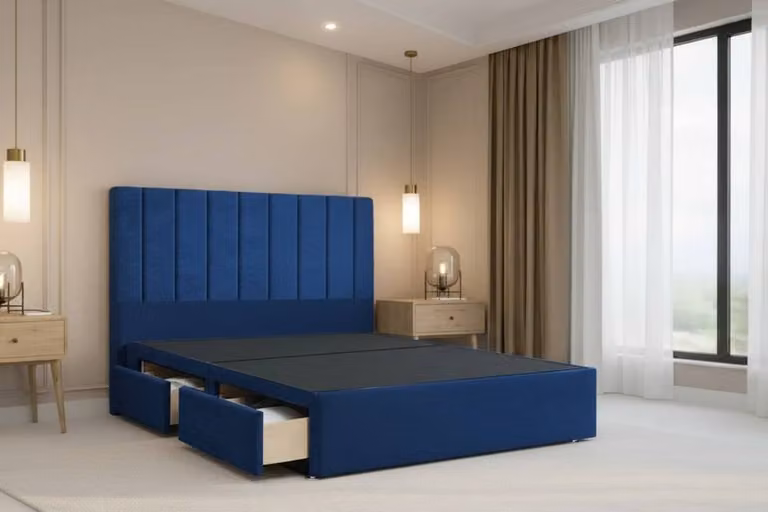 Chester & Oakley Lunar Plush Divan Bed Base with 2 Drawers and 54 inch Headboard in Blue, W/D/H: 140 x 200 cm