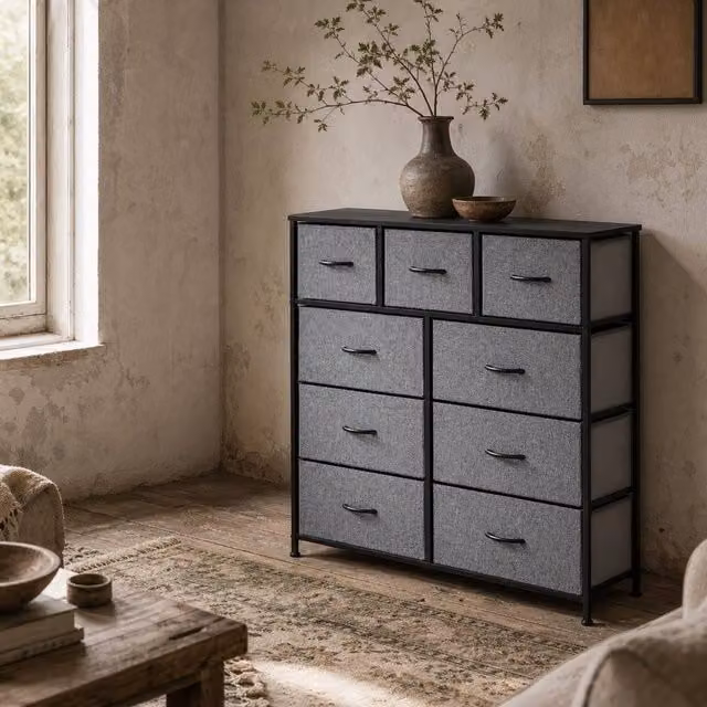 Wyld Haus Molisa 9 Drawer Fabric Dresser in Black and Grey – 1