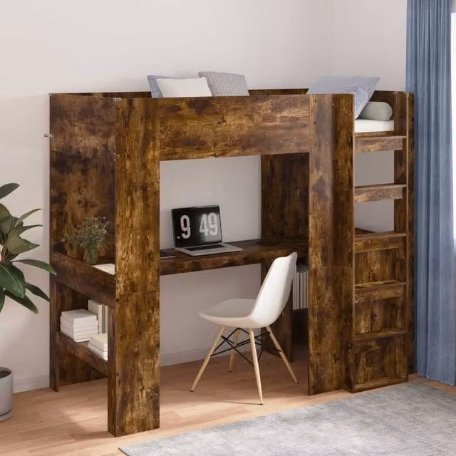 Berkfield Home Loft Bed Frame with Desk in Smoked Oak and Brown, Engineered Wood, W/D/H: 90 x 200 cm