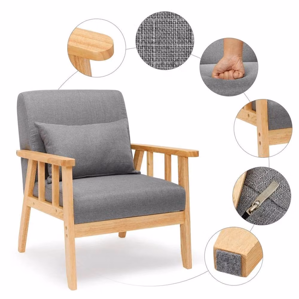 KORVIXA Retro Armchair Sofa with Solid Oak Wood Frame and Fabric Cushion in Grey, W/D/H: 100 x 100 x 100 cm – 2