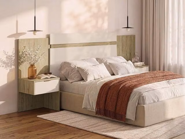 Vente-unique Extendable Double Headboard with Integrated Nightstands in Light Oak and Natural Finish – 1