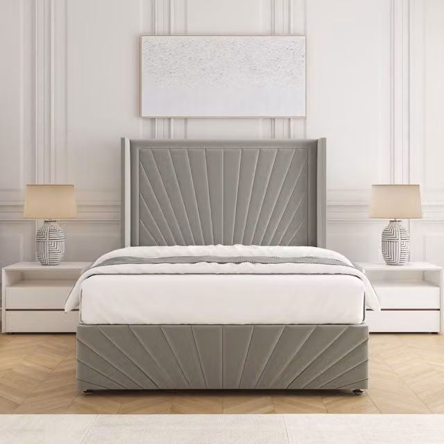 BSSPOKE Nola Super King Plush Velvet Divan Bed Set with 54 inch Headboard and Mattress in Silver