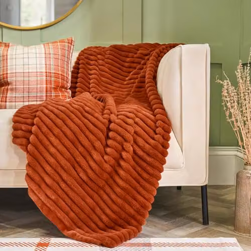 OHS Faux Fur Ribbed Fleece Throw Blanket in Rust Orange, W/D/H: 125 x 150 cm – 2