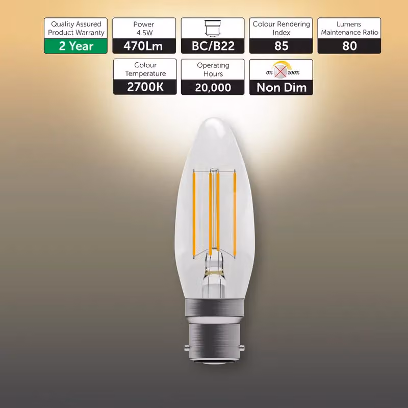 BELL Lighting B22 LED Filament Bulb, Warm White, 4.5W, 470lm, Pack of 6 – 2