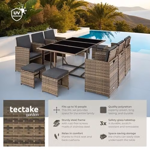 tectake Polyrattan Garden Furniture Set in Nature with Steel Base, Including 1 Table, 6 Dining Chairs and 4 Stools for Up to 10 People – 2