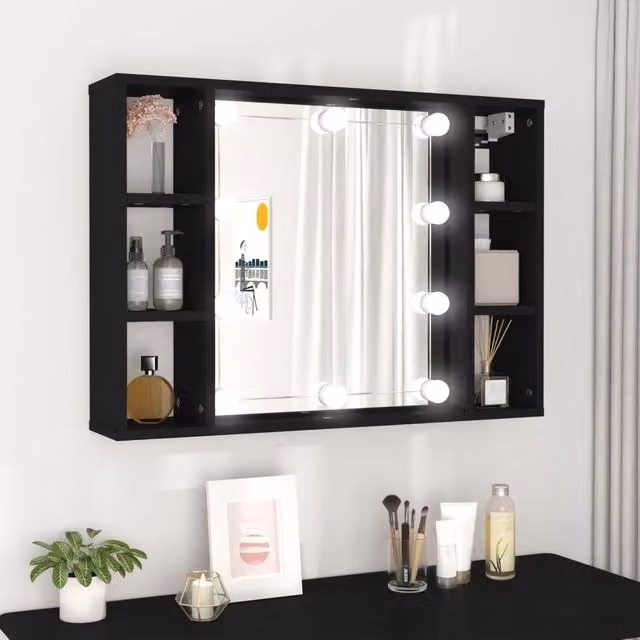 Berkfield Home LED Mirror Cabinet in Black, W/D/H: 76 x 15 x 55 cm
