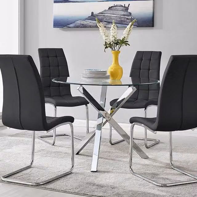 FurnitureboxUK Selina Round Glass Dining Table with Chrome Leg and 4 Black Murano Chairs – 1