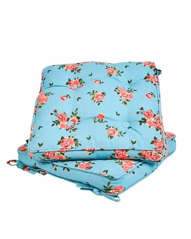 Dibor Set of 2 Blue and Pink Floral Quilted Outdoor Garden Chair Seat Pads, W: 45 cm x L: 45 cm – 2