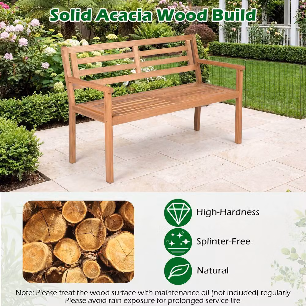 Costway 2-Person Outdoor Acacia Wood Loveseat Bench in Natural Brown, Width: 119 cm – 4
