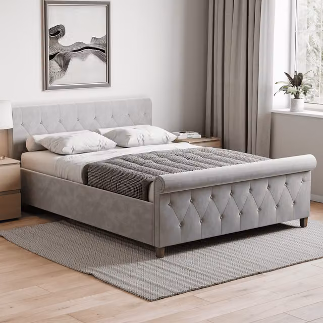 Vida Designs Vittorio Modern Upholstered Fabric Bed Frame in Grey Velvet, Double (140 x 200 cm)