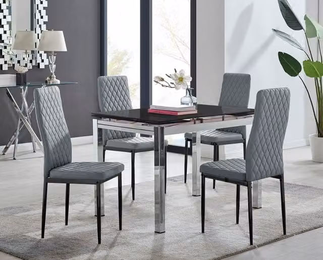 FurnitureboxUK Enna Black Glass Extending Rectangular Dining Table and 4 Milan Black Leg Chairs in Grey