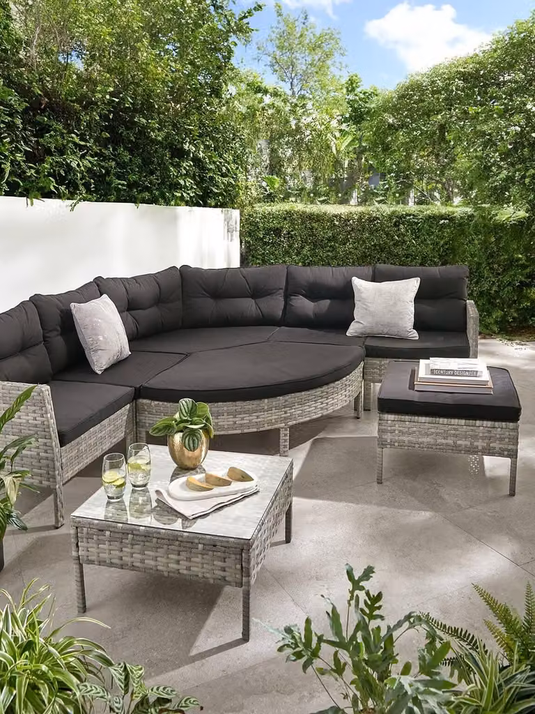 Desert 8-Piece Grey Polyrattan L-Shape Corner Garden Furniture Set with Ottoman, Coffee Table and Upholstered Cushions