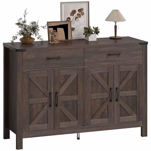 HOMCOM Rustic Farmhouse Sideboard Buffet Cabinet with 4 Doors and 2 Drawers, Brown, W/D/H: 120 x 39.3 x 82.5 cm – 1
