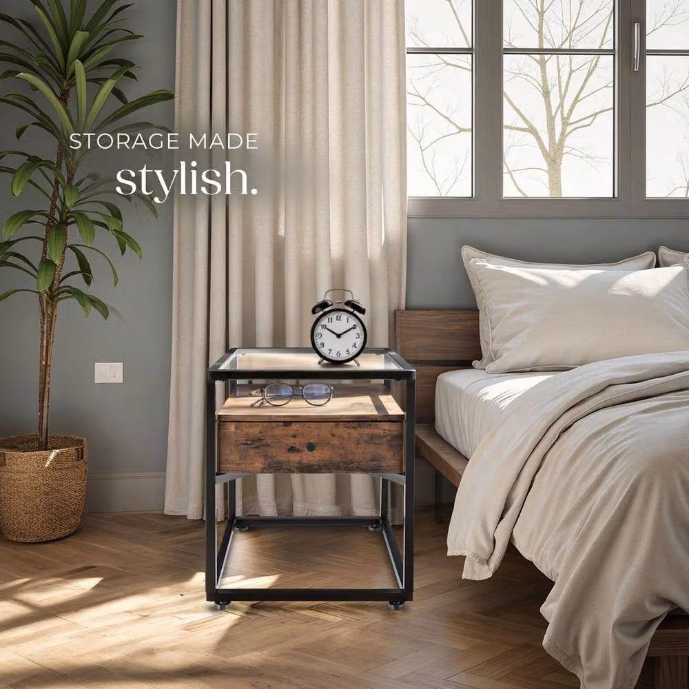 tectake Minimalist Nightstand with Glass Surface and Drawer in Brown – 8