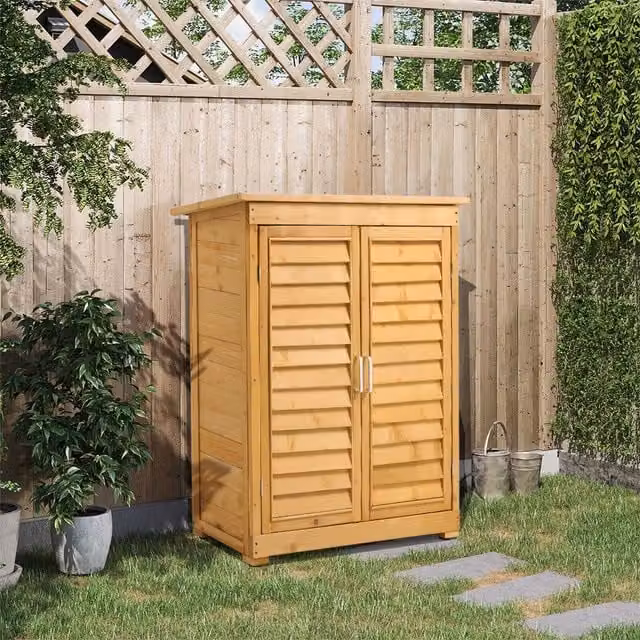 Livingandhome Rustic Brown Tall Wood and Metal Garden Storage Cabinet with Shelving