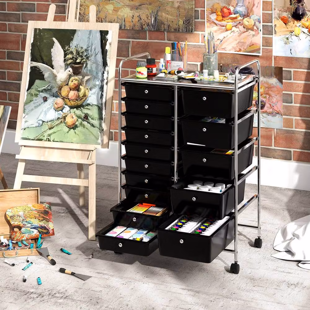 Gymax Art Craft Organizer Rolling Utility Cart with 15 Drawers in Black – 5