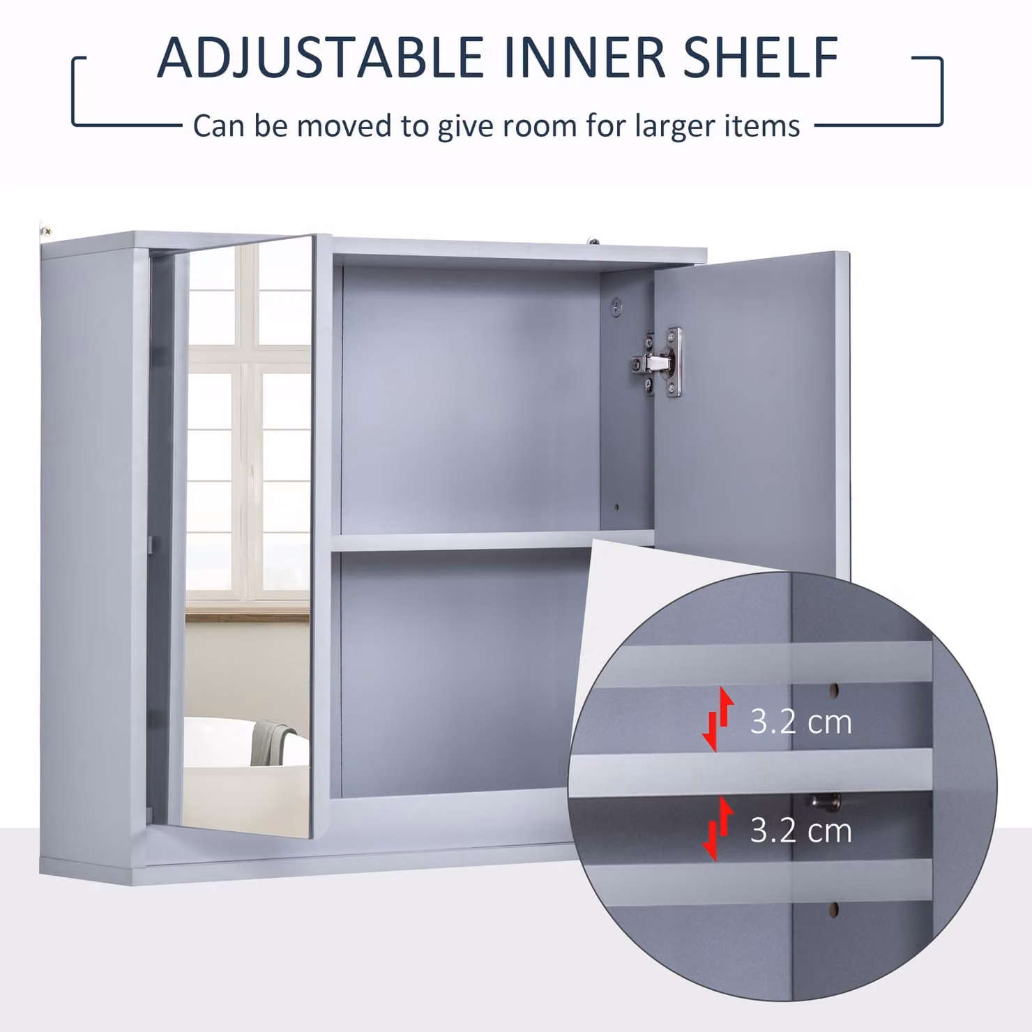 HOMCOM Grey Wall Mounted Bathroom Cabinet with Mirror and Soft Close Hinged Doors – 3