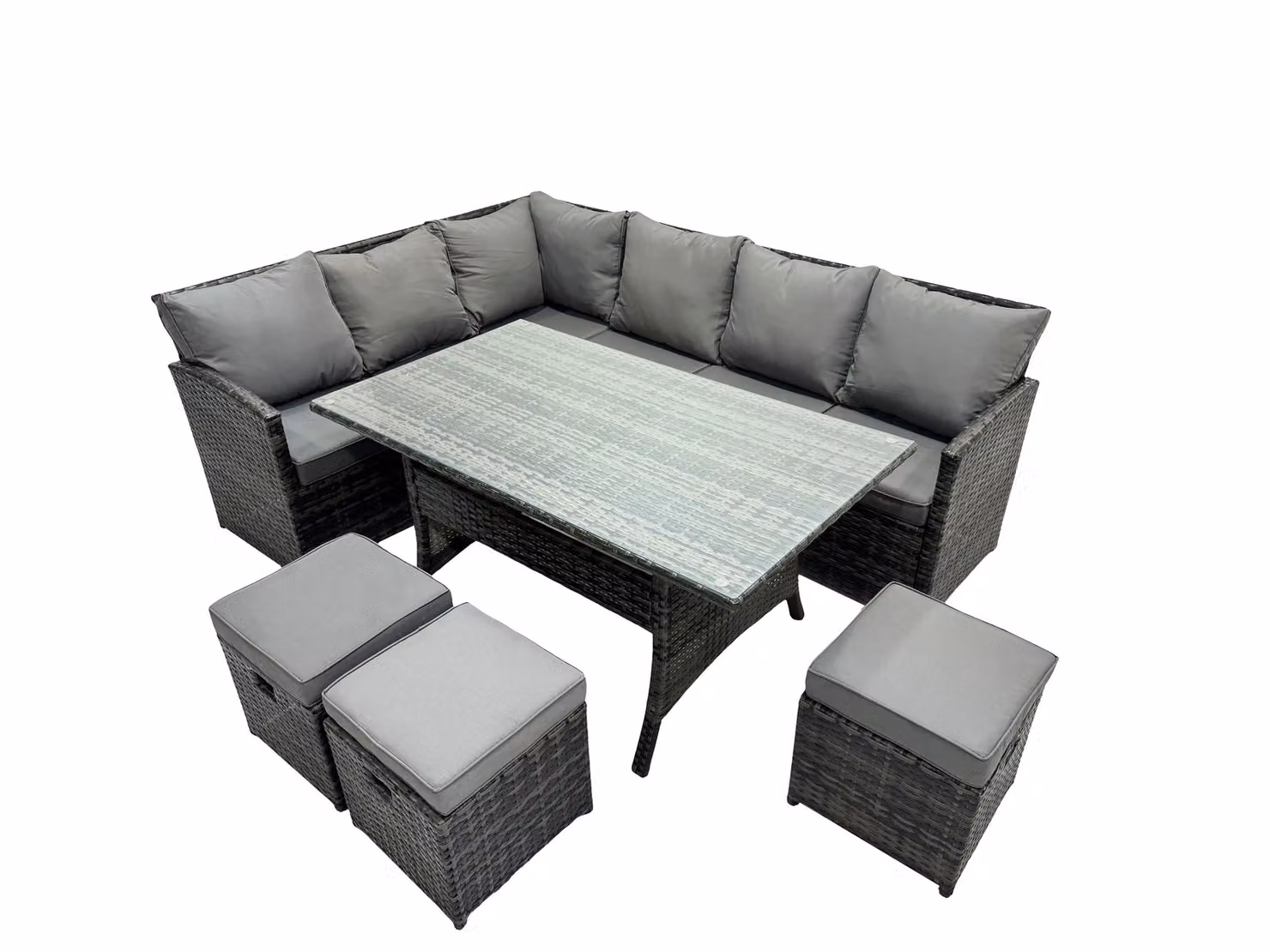 Fimous 9 Seater High Back Rattan Corner Sofa Set with Rectangular Dining Table and 3 Small Footstools in Dark Grey – 2