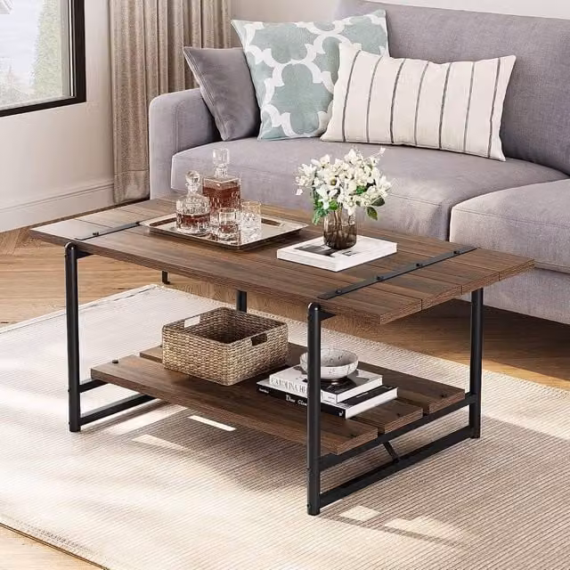 London Boutique 2-Tier Rectangular Coffee Table and Sofa Side Table with Shelf in Walnut Brown – 1