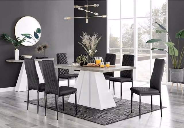 FurnitureboxUK Athens Grey Concrete Dining Table and 6 Milan Black Faux Leather Chairs Set