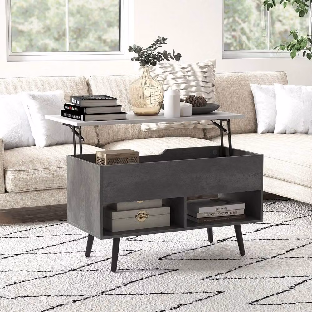 VOGREX Grey Mid Century Lift Top Coffee Table with Storage Shelves – 2