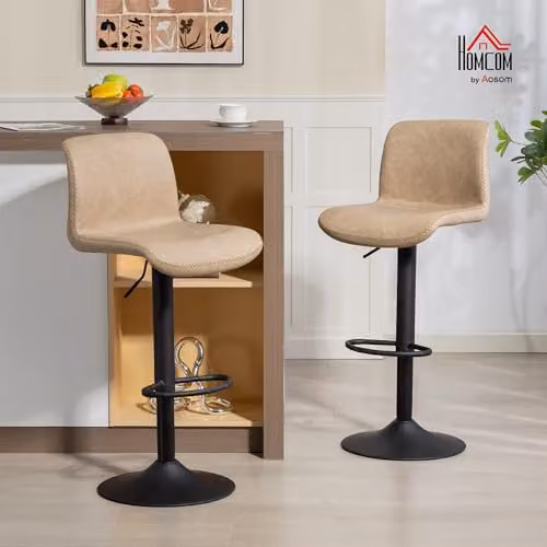 HOMCOM Set of 2 Modern Brown Synthetic Leather Bar Stools with Metal Frame and Backrest – 2
