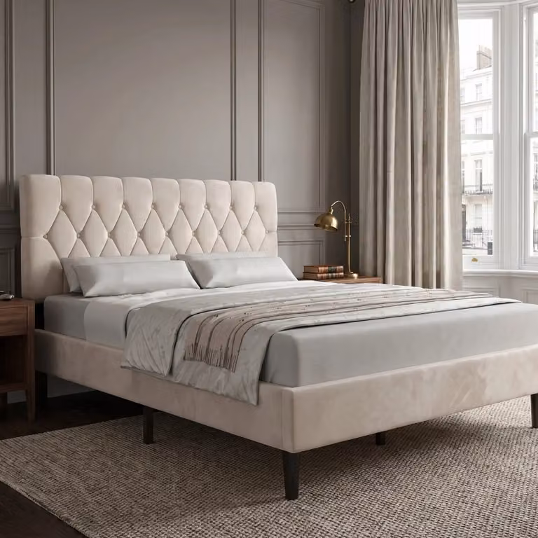 DHS Chesterfield Velvet Bed Frame with Adjustable Headboard in Beige