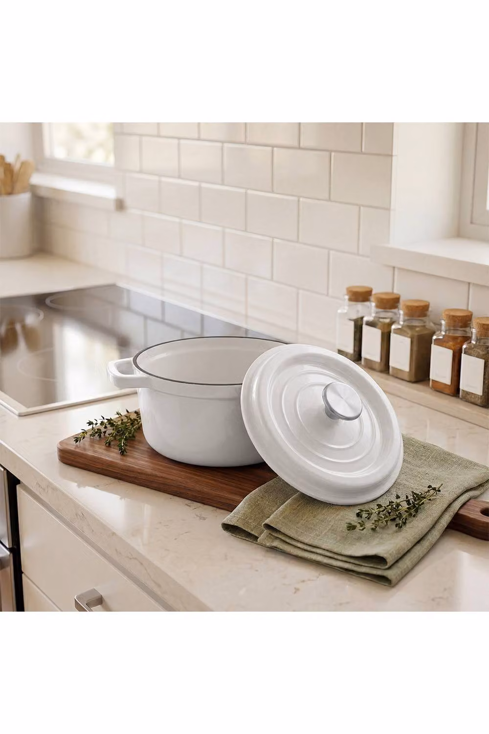 Living and Home Enamelled Cast Iron Casserole Dutch Oven Pot with Glass Lid, White, 5 l – 2