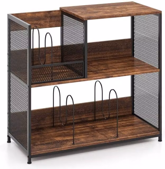 Kelvenix Brown Modern End Table with Rotating Turntable Vinyl Display Rack – 1