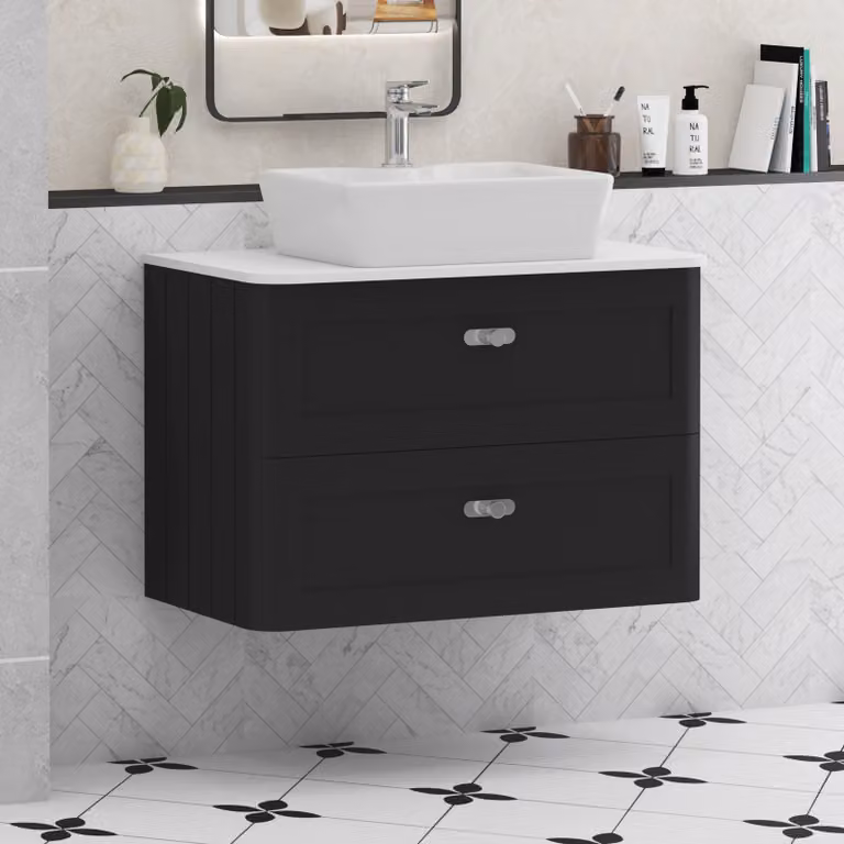 Royal Bathrooms Henley 800mm Wall Hung Vanity Unit with 2 Drawers, Matt Nocturne Black and Plain White Worktop