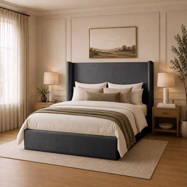Desire Deco Lynx Wingback Upholstered Bed Frame in Anthracite Grey, W: 90 cm, L: 190 cm