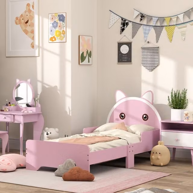 ZONEKIZ Cat Design Toddler Bed Frame with Guardrails, Pink, W: 143 cm, D: 74 cm, H: 72 cm – 1