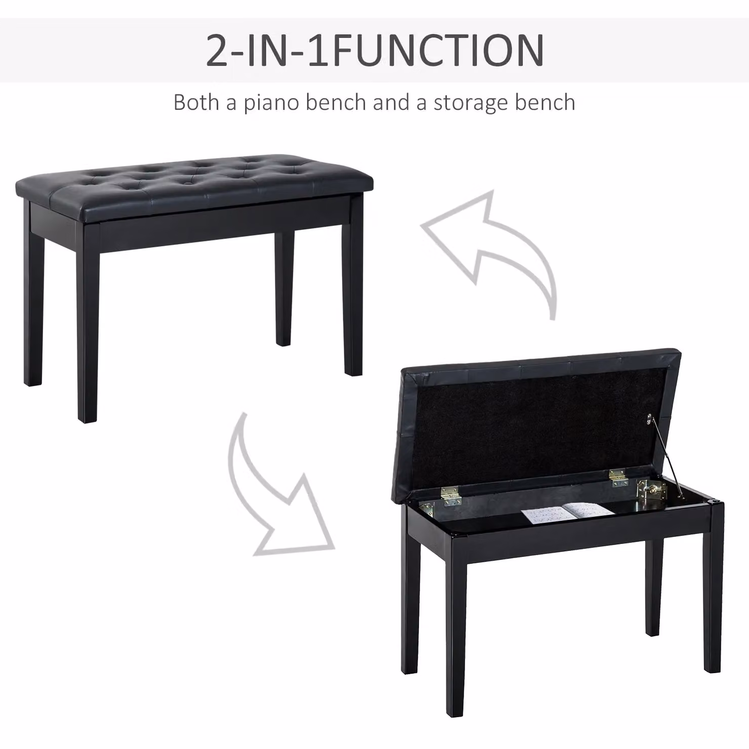 HOMCOM Classic Piano Bench with Padded Seat in Black Solid Wood – 3